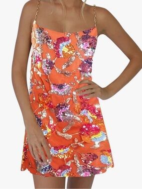 Sequin Embellished Orange Slip Dress with Chain Straps